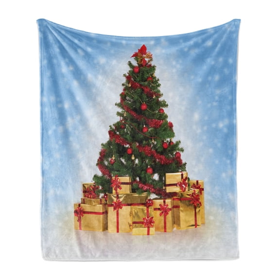 Christmas Soft Flannel Fleece Blanket, Fir Tree with Snowy Weather Ornamental Boxes with Vermilion Details Print, Cozy Plush for Indoor and Outdoor Use, 50" x 60", Blue and Mustard, by Ambesonne