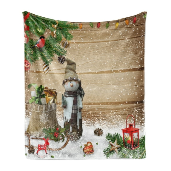 Christmas Soft Flannel Fleece Blanket, Funny Snowman in the Garden with Present Bag Garland Lantern Kids Nursery Theme, Cozy Plush for Indoor and Outdoor Use, 50" x 60", Multicolor, by Ambesonne
