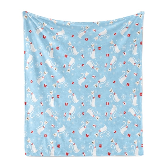Christmas Soft Flannel Fleece Blanket, Joyous Holiday in December Cats with Necklaces Yellow Eyes Swirled Tails, Cozy Plush for Indoor and Outdoor Use, 70" x 90", Pale Blue Red White, by Ambesonne