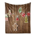 thumbnail image 1 of Christmas Soft Flannel Fleece Blanket, Merry Xmas Ornaments Pattern over Wooden Board Background Holly Jolly Happy Design, Cozy Plush for Indoor and Outdoor Use, 60" x 80", Brown Red, by Ambesonne, 1 of 6