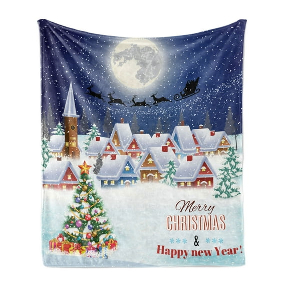 Christmas Soft Flannel Fleece Blanket, Moon Santa Claus Reindeer Hovering in Winter Sky of a Small Village Illustration, Cozy Plush for Indoor and Outdoor Use, 60" x 80", Navy White, by Ambesonne