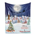 thumbnail image 1 of Christmas Soft Flannel Fleece Blanket, Moon Santa Claus Reindeer Hovering in Winter Sky of a Small Village Illustration, Cozy Plush for Indoor and Outdoor Use, 70" x 90", Navy White, by Ambesonne, 1 of 6
