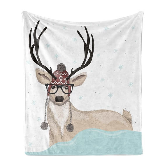 Christmas Soft Flannel Fleece Blanket, Nerdy Reindeer Glasses and Nordic Scandinavian Bruise Hat Antlers Graphic Design, Cozy Plush for Indoor and Outdoor Use, 70" x 90", Multicolor, by Ambesonne