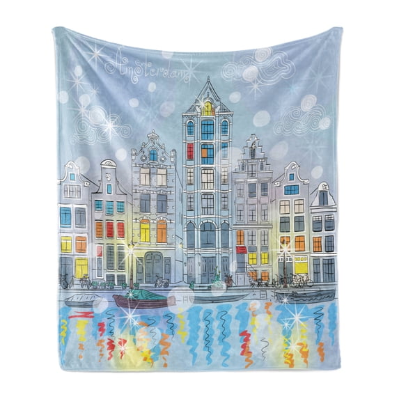 Christmas Soft Flannel Fleece Blanket, Noel Time at Amsterdam Canal with Historical Famous Buildings North Europe Design, Cozy Plush for Indoor and Outdoor Use, 50" x 60", Multicolor, by Ambesonne