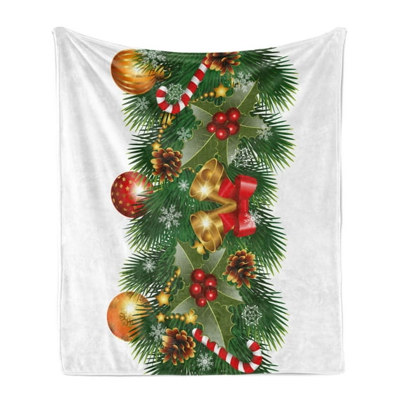 Christmas Soft Flannel Fleece Blanket, Pine Tree Branch Detailed Ornaments Bells Berries and Cones Cheerful Holiday Noel, Cozy Plush for Indoor and Outdoor Use, 60" x 80", Multicolor, by Ambesonne