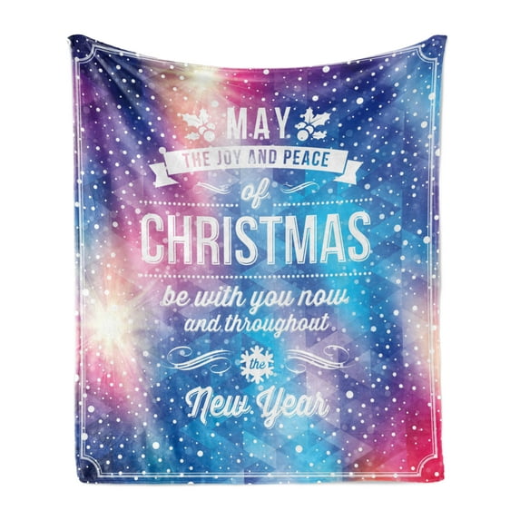 Christmas Soft Flannel Fleece Blanket, Polygonal Abstract Dotted Backdrop Happy New Year Celebration Words Joy and Peace, Cozy Plush for Indoor and Outdoor Use, 70" x 90", Multicolor, by Ambesonne