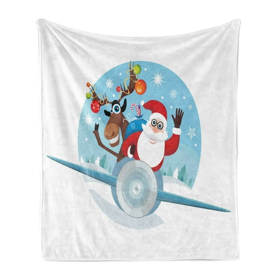 Christmas Soft Flannel Fleece Blanket, Reindeer and Santa Delivering Gifts on a Vintage Plane Winter Noel Illustration, Cozy Plush for Indoor and Outdoor Use, 50" x 70", Multicolor, by Ambesonne