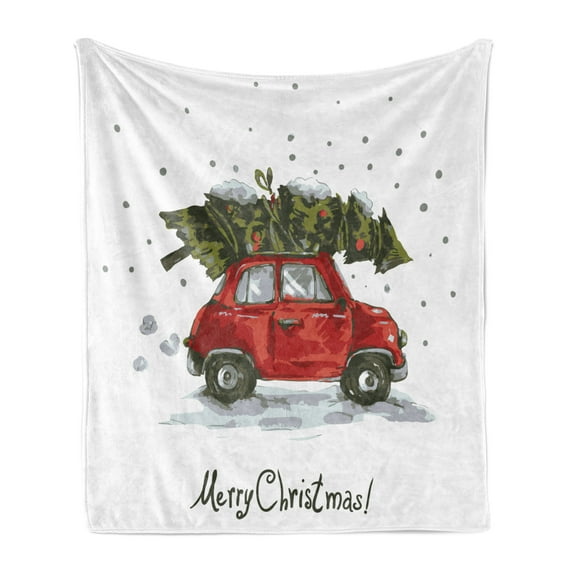 Christmas Soft Flannel Fleece Blanket, Retro Style Car Xmas Tree Vintage Family Style Illustration Snowy Winter Art, Cozy Plush for Indoor and Outdoor Use, 50" x 60", Green Vermilion, by Ambesonne