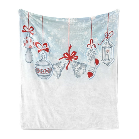 Christmas Soft Flannel Fleece Blanket, Retro Style Famous Socks for Toy and Candy Bells and Snowflake Graphic, Cozy Plush for Indoor and Outdoor Use, 50" x 60", White Orange and Blue, by Ambesonne