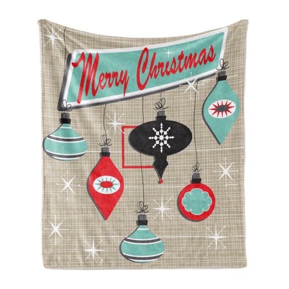 Christmas Soft Flannel Fleece Blanket, Retro Style Inspired Noel Slogan with Hanging Baubles on Doodle Grid Frame Print, Cozy Plush for Indoor and Outdoor Use, 60" x 80", Multicolor, by Ambesonne