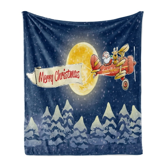 Christmas Soft Flannel Fleece Blanket, Santa Claus Airline Theme Vintage Plane Full Moon Snow Covered Trees, Cozy Plush for Indoor and Outdoor Use, 50" x 70", Dark Blue Marigold Red, by Ambesonne