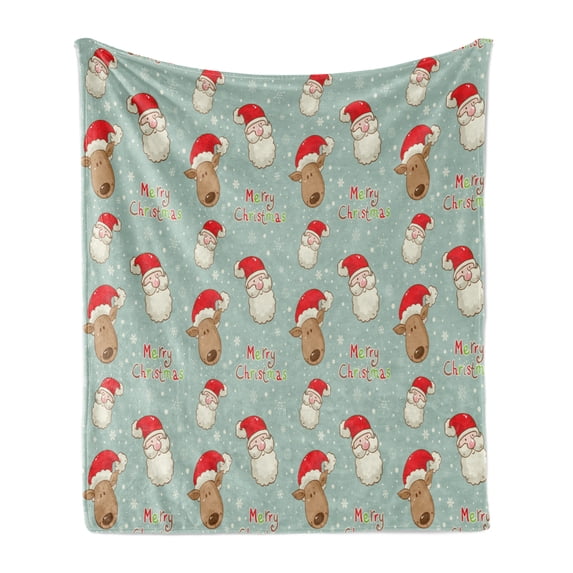 Christmas Soft Flannel Fleece Blanket, Santa Claus and His Deer Celebrating Your Holiday Vintage Cartoon on Snowflakes, Cozy Plush for Indoor and Outdoor Use, 60" x 80", Multicolor, by Ambesonne