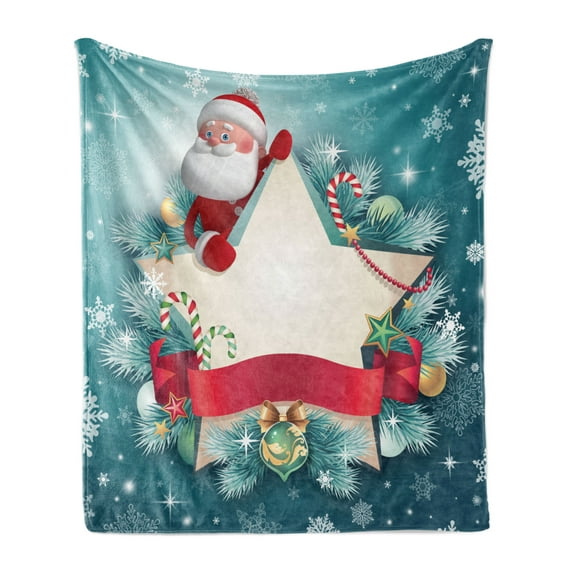 Christmas Soft Flannel Fleece Blanket, Santa Claus Star Banner Snowflakes Ribbon and Candy Cane Tree Winter Season Theme, Cozy Plush for Indoor and Outdoor Use, 50" x 70", Red White, by Ambesonne