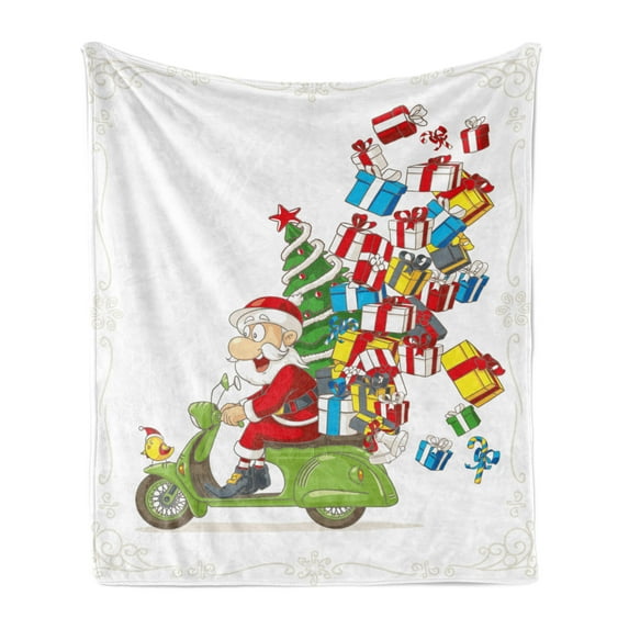 Christmas Soft Flannel Fleece Blanket, Santa on Motorbike Scooter with Tree and Gifts Funny Cartoon Style Bird, Cozy Plush for Indoor and Outdoor Use, 70" x 90", White Green and Red, by Ambesonne