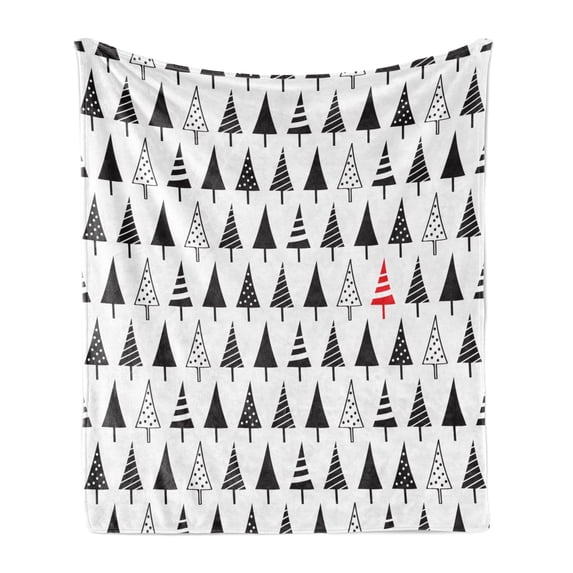 Christmas Soft Flannel Fleece Blanket, Sharp Triangle Winter Season Trees with Striped and Dotted Patterns, Cozy Plush for Indoor and Outdoor Use, 50" x 60", Charcoal Grey Vermilion, by Ambesonne