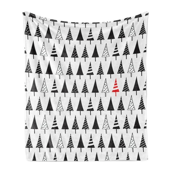 Christmas Soft Flannel Fleece Blanket, Sharp Triangle Winter Season Trees with Striped and Dotted Patterns, Cozy Plush for Indoor and Outdoor Use, 50" x 70", Charcoal Grey Vermilion, by Ambesonne