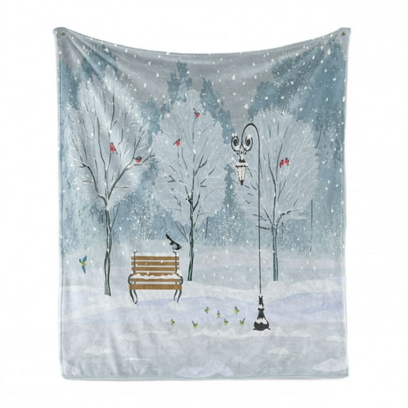 Christmas Soft Flannel Fleece Blanket, Snow Falling in the Park on a Cold Winter Day Birds Lanterns Xmas Season Picture, Cozy Plush for Indoor and Outdoor Use, 70" x 90", Blue White, by Ambesonne