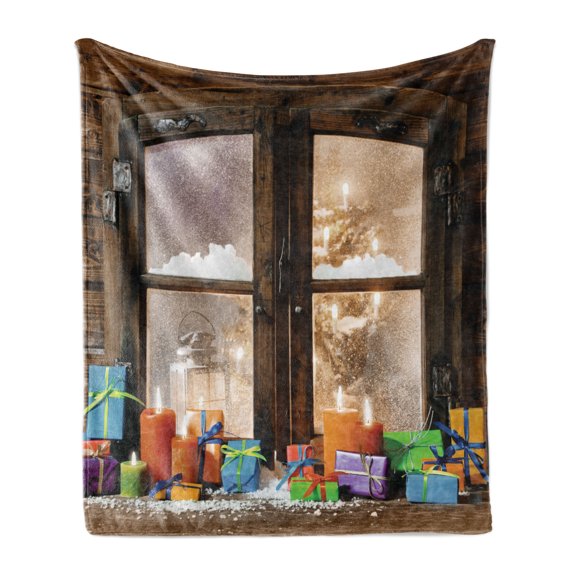 Christmas Soft Flannel Fleece Blanket, Snow Weather Rustic Style Window and Festive Ornamental Boxes Winter Season, Cozy Plush for Indoor and Outdoor Use, 50" x 70", Brown and Orange, by Ambesonne