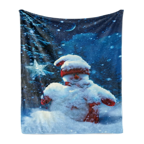 Christmas Soft Flannel Fleece Blanket, Snowman with Magic Wand and Fir Branches Covered with Snow Winter Night, Cozy Plush for Indoor and Outdoor Use, 50" x 60", Navy Blue Red White, by Ambesonne
