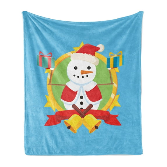 Christmas Soft Flannel Fleece Blanket, Snowman in Santa Clothes Portrait in Circle with Bells and Gifts Cartoon, Cozy Plush for Indoor and Outdoor Use, 50" x 60", Sky Blue Multicolor, by Ambesonne