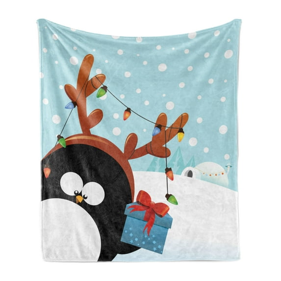 Christmas Soft Flannel Fleece Blanket, Snowy Funny Penguin Wears Xmas Ornamental Reindeer Antlers Has Present, Cozy Plush for Indoor and Outdoor Use, 50" x 60", Baby Blue Multicolor, by Ambesonne