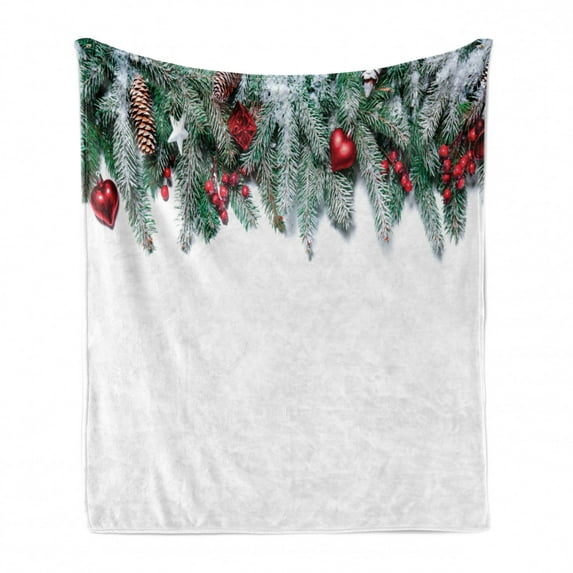 Christmas Soft Flannel Fleece Blanket, Snowy Xmas Branch with Vivid Baubles Stars Berries Cones and Mistletoe Yule Image, Cozy Plush for Indoor and Outdoor Use, 50" x 70", Green Red, by Ambesonne