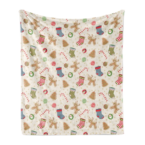 Christmas Soft Flannel Fleece Blanket, Traditional Sweets of Xmas Party Gingerbread Cookies Lollipop Candies with Socks, Cozy Plush for Indoor and Outdoor Use, 60" x 80", Multicolor, by Ambesonne