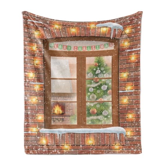 Christmas Soft Flannel Fleece Blanket, View Through a Window on the Interior of a Christmas Living Room and a Fireplace, Cozy Plush for Indoor and Outdoor Use, 70" x 90", Multicolor, by Ambesonne