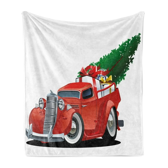 Christmas Soft Flannel Fleece Blanket, Vintage American Truck with Large Xmas Tree and Gift Boxes Pickup Retro Vehicle, Cozy Plush for Indoor and Outdoor Use, 60" x 80", Green White, by Ambesonne