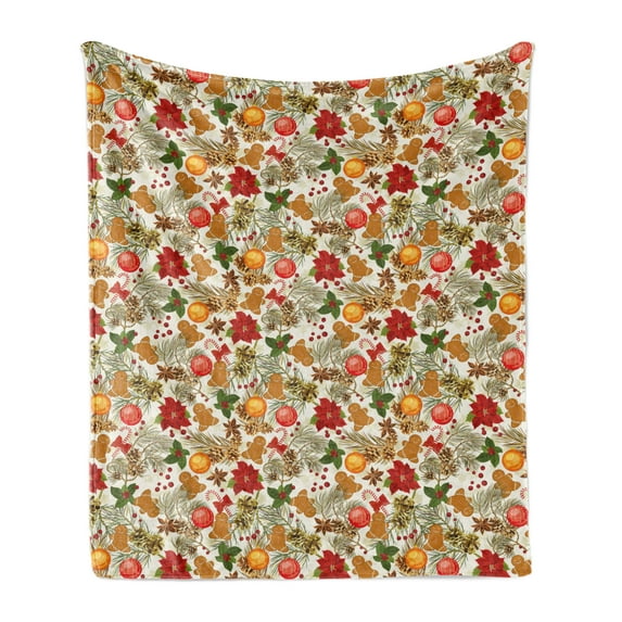 Christmas Soft Flannel Fleece Blanket, Vivid Colorful Xmas Theme Pine Cones Branches Gingerbread Man Berry Image Print, Cozy Plush for Indoor and Outdoor Use, 60" x 80", Multicolor, by Ambesonne