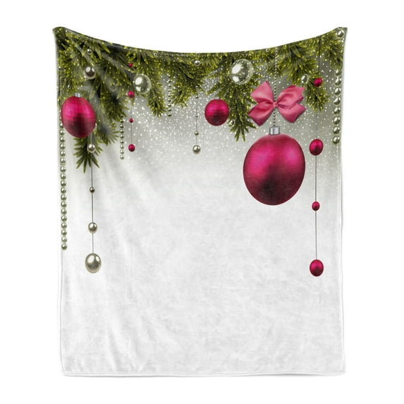 Christmas Soft Flannel Fleece Blanket, Vivid Fir Twigs and Magenta Balls Framework Special Day Preparation, Cozy Plush for Indoor and Outdoor Use, 60" x 80", Magenta Olive Green Grey, by Ambesonne
