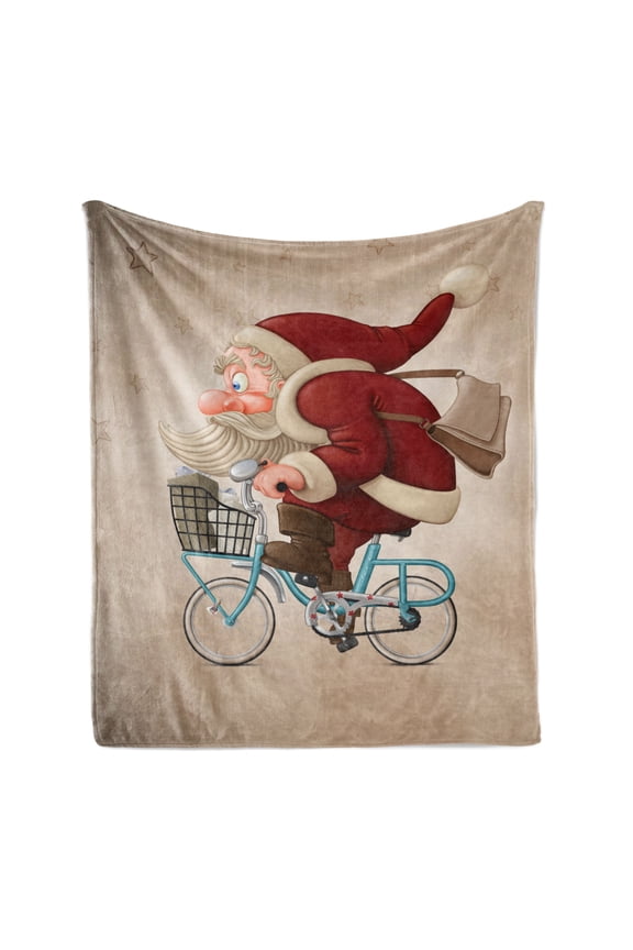 Christmas Soft Flannel Fleece Blanket, Whimsical Santa Claus Rides a Blue Bicycle to Deliver Noel Gifts on Grunge, Cozy Plush for Indoor and Outdoor Use, 50" x 60", Pale Sepia Ruby, by Ambesonne