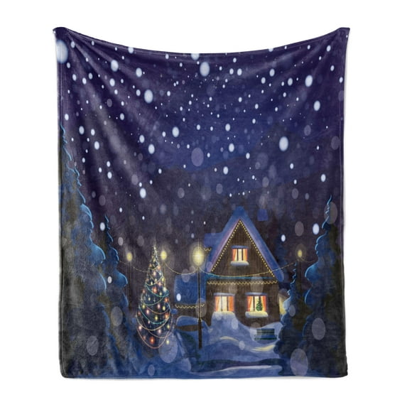 Christmas Soft Flannel Fleece Blanket, Winter Night Country Landscape with Little House Among Pine Trees and Snow, Cozy Plush for Indoor and Outdoor Use, 60" x 80", Navy Blue Yellow, by Ambesonne