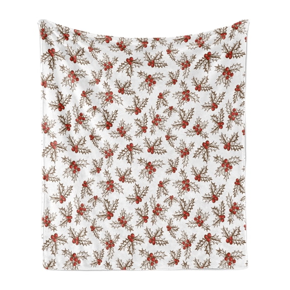 Christmas Soft Flannel Fleece Blanket, Winter Season Harvest Holly Berries Vintage Floral Composition Ornate Leaves, Cozy Plush for Indoor and Outdoor Use, 70" x 90", Scarlet Brown, by Ambesonne