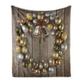 thumbnail image 1 of Christmas Soft Flannel Fleece Blanket, Wreath Style Ornament with Baubles on Rustic Style Background Wooden Board Theme, Cozy Plush for Indoor and Outdoor Use, 60" x 80", Multicolor, by Ambesonne, 1 of 5