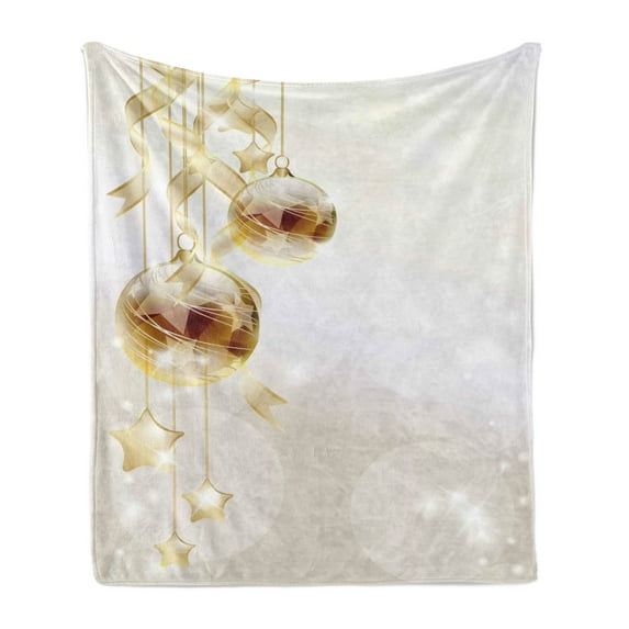 Christmas Soft Flannel Fleece Blanket, Xmas Balls with Swirled Ribbons and Stars on Modern Abstract Background, Cozy Plush for Indoor and Outdoor Use, 70" x 90", Brown Yellow White, by Ambesonne