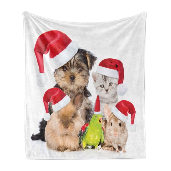 Christmas Soft Flannel Fleece Blanket, Xmas Crew Cat Dog Bird Mouse and Rabbit Bunny with Santa Hats Grumpy Pets Picture, Cozy Plush for Indoor and Outdoor Use, 50" x 70", Multicolor, by Ambesonne