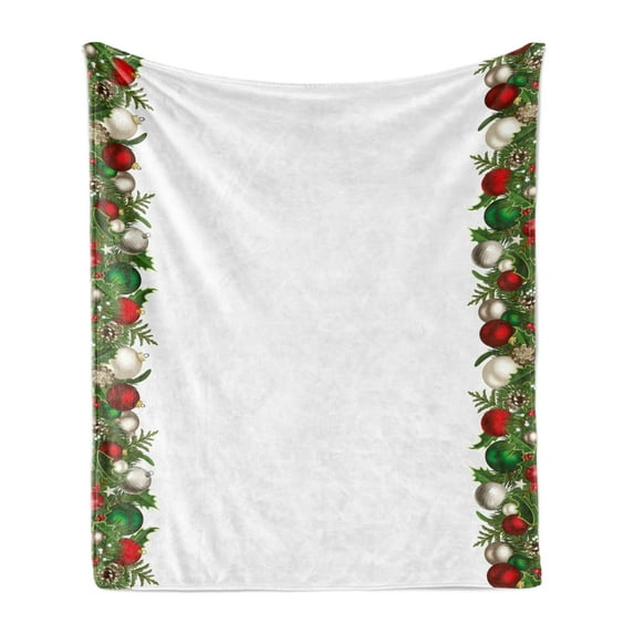 Christmas Soft Flannel Fleece Blanket, Xmas Ornaments with Pine Spikes Red Berries Holiday Eve Themed Art, Cozy Plush for Indoor and Outdoor Use, 70" x 90", Dark Green Red and Grey, by Ambesonne