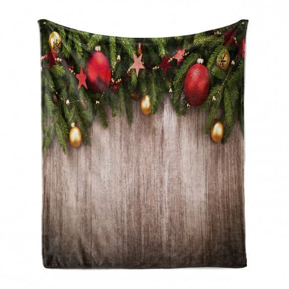 Christmas Soft Flannel Fleece Blanket, Xmas Ornaments over Wooden Rustic Board Backdrop with Stars Goodwill Print, Cozy Plush for Indoor and Outdoor Use, 60" x 80", Brown Green Red, by Ambesonne