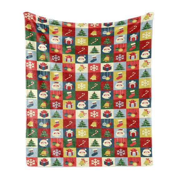 Christmas Soft Flannel Fleece Blanket, Xmas Theme Santa Claus Surprise Boxes Cones Jingle Bells Tree Ornaments in Boxes, Cozy Plush for Indoor and Outdoor Use, 70" x 90", Multicolor, by Ambesonne