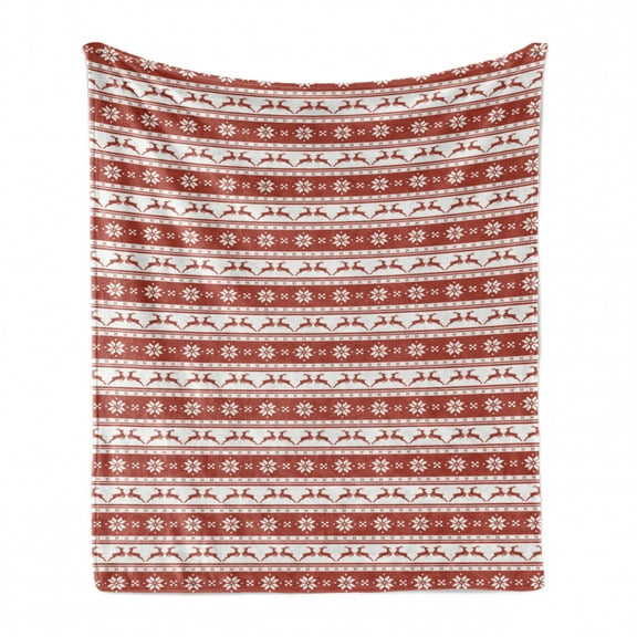 Christmas Soft Flannel Fleece Blanket, Xmas Winter Themed Deers Snowflakes in Nordic Pattern Borders and Lines Artwork, Cozy Plush for Indoor and Outdoor Use, 50" x 70", Ruby White, by Ambesonne