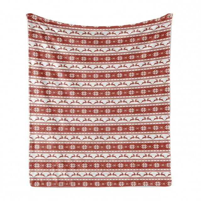 Christmas Soft Flannel Fleece Blanket, Xmas Winter Themed Deers Snowflakes in Nordic Pattern Borders and Lines Artwork, Cozy Plush for Indoor and Outdoor Use, 50" x 70", Ruby White, by Ambesonne