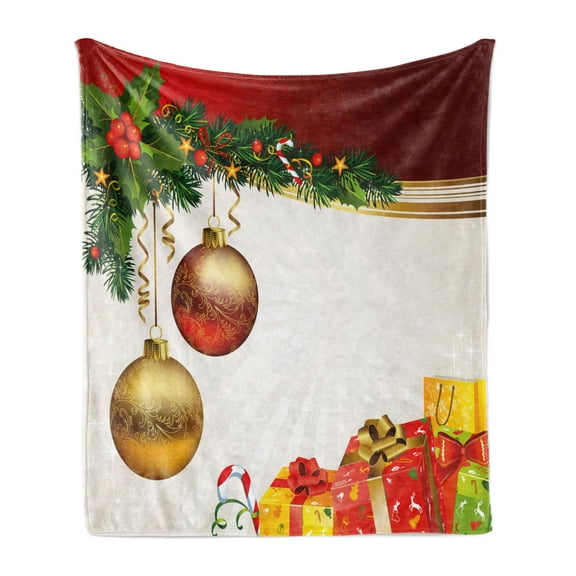 Christmas Soft Flannel Fleece Blanket, Yule Eve Balls Baubles Ribbon Present Boxes Fir Tree Greeting Celebration Theme, Cozy Plush for Indoor and Outdoor Use, 50" x 70", Multicolor, by Ambesonne