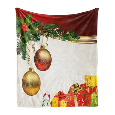 Christmas Soft Flannel Fleece Blanket, Yule Eve Balls Baubles Ribbon Present Boxes Fir Tree Greeting Celebration Theme, Cozy Plush for Indoor and Outdoor Use, 70" x 90", Multicolor, by Ambesonne