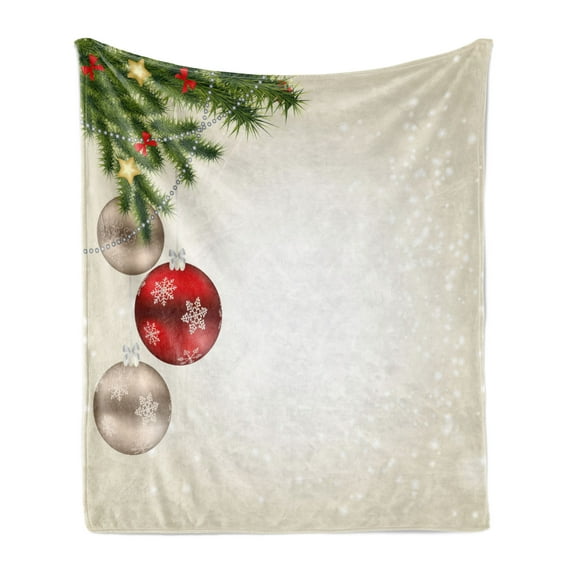 Christmas Soft Flannel Fleece Throw Blanket, Abstract Celebration Balls Coniferous Tree Branches Bowties, Cozy Plush for Indoor and Outdoor Use, 60" x 80", Beige Red Green, by Ambesonne
