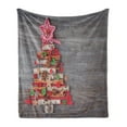 thumbnail image 1 of Christmas Soft Flannel Fleece Throw Blanket, Abstract Cloth Style Tree Concept Buttons Star Topper Wooden Backdrop, Cozy Plush for Indoor and Outdoor Use, 60" x 80", Multicolor, by Ambesonne, 1 of 5