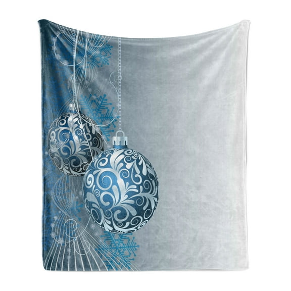 Christmas Soft Flannel Fleece Throw Blanket, Abstract Pattern Snowflake Motifs Curlicues on Baubles Season, Cozy Plush for Indoor and Outdoor Use, 60" x 80", Blue Pale Blue White, by Ambesonne