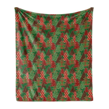 Christmas Soft Flannel Fleece Throw Blanket, Abstract Pines with Swirls Dots Lines Design Patchwork Style Print, Cozy Plush for Indoor and Outdoor Use, 70" x 90", Dark Coral Dark Green, by Ambesonne