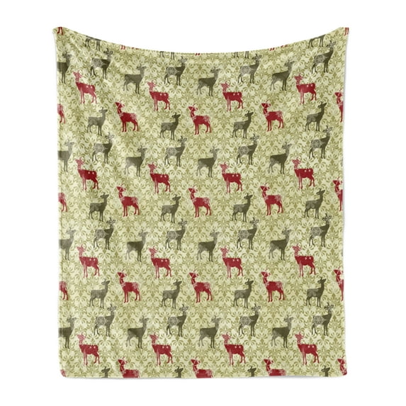 Christmas Soft Flannel Fleece Throw Blanket, Antique Rococo Damask Vintage Falling Snowflakes and Deer, Cozy Plush for Indoor and Outdoor Use, 50" x 70", Dark Green Avocado Green, by Ambesonne