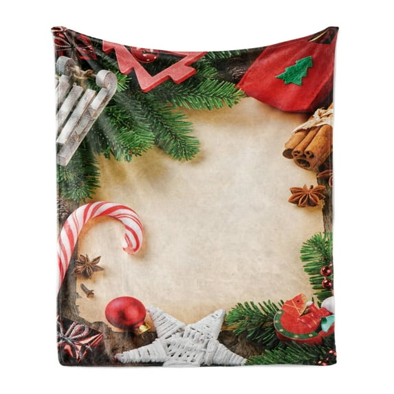 Christmas Soft Flannel Fleece Throw Blanket, Assortment of Ornaments Cinnamon Stick Star Anise Candy Cane Toy Sledge, Cozy Plush for Indoor and Outdoor Use, 50" x 70", Multicolor, by Ambesonne